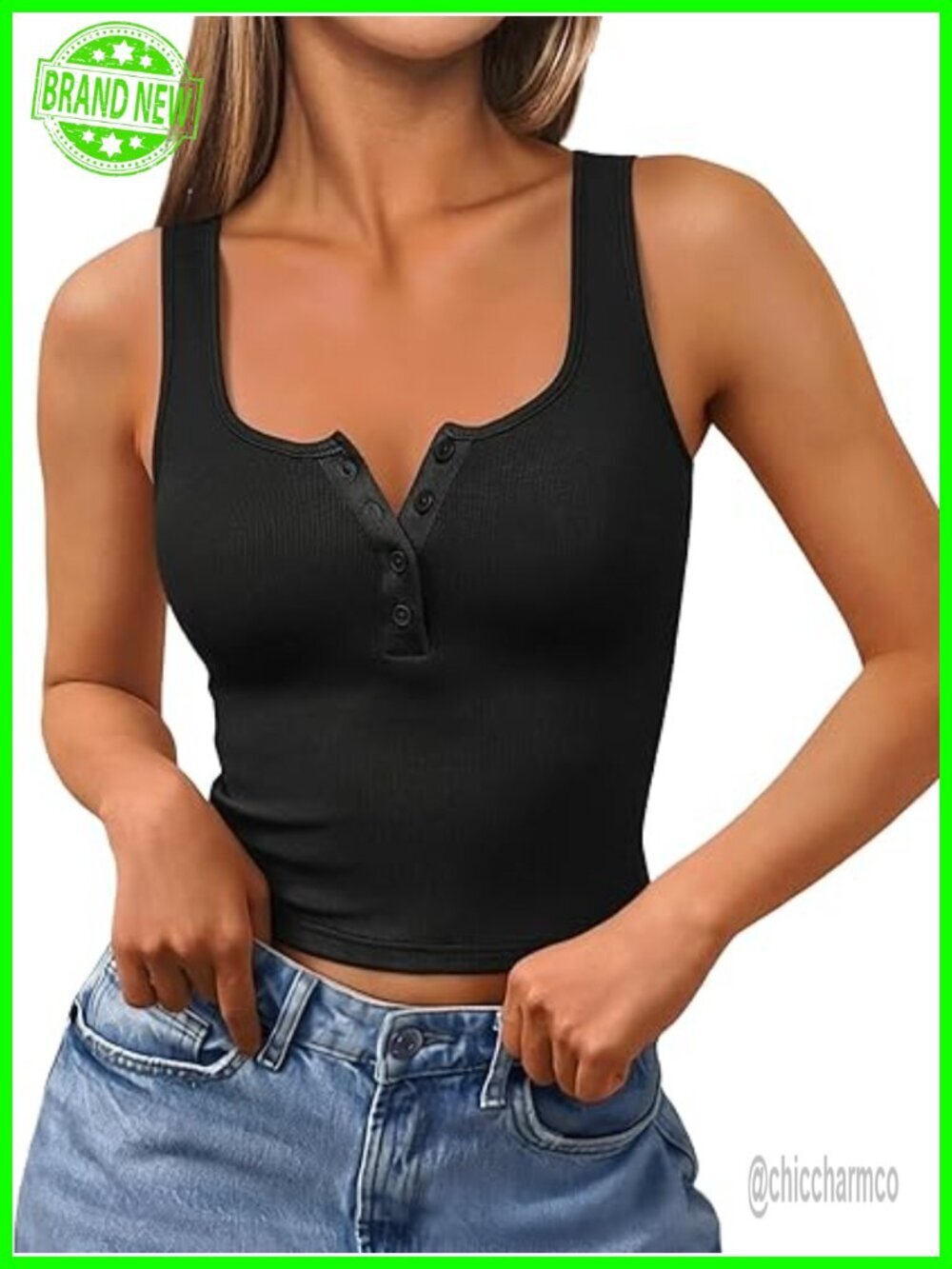 Ribbed Button Up Square Neck Crop Tank Top Cami Sleeveless